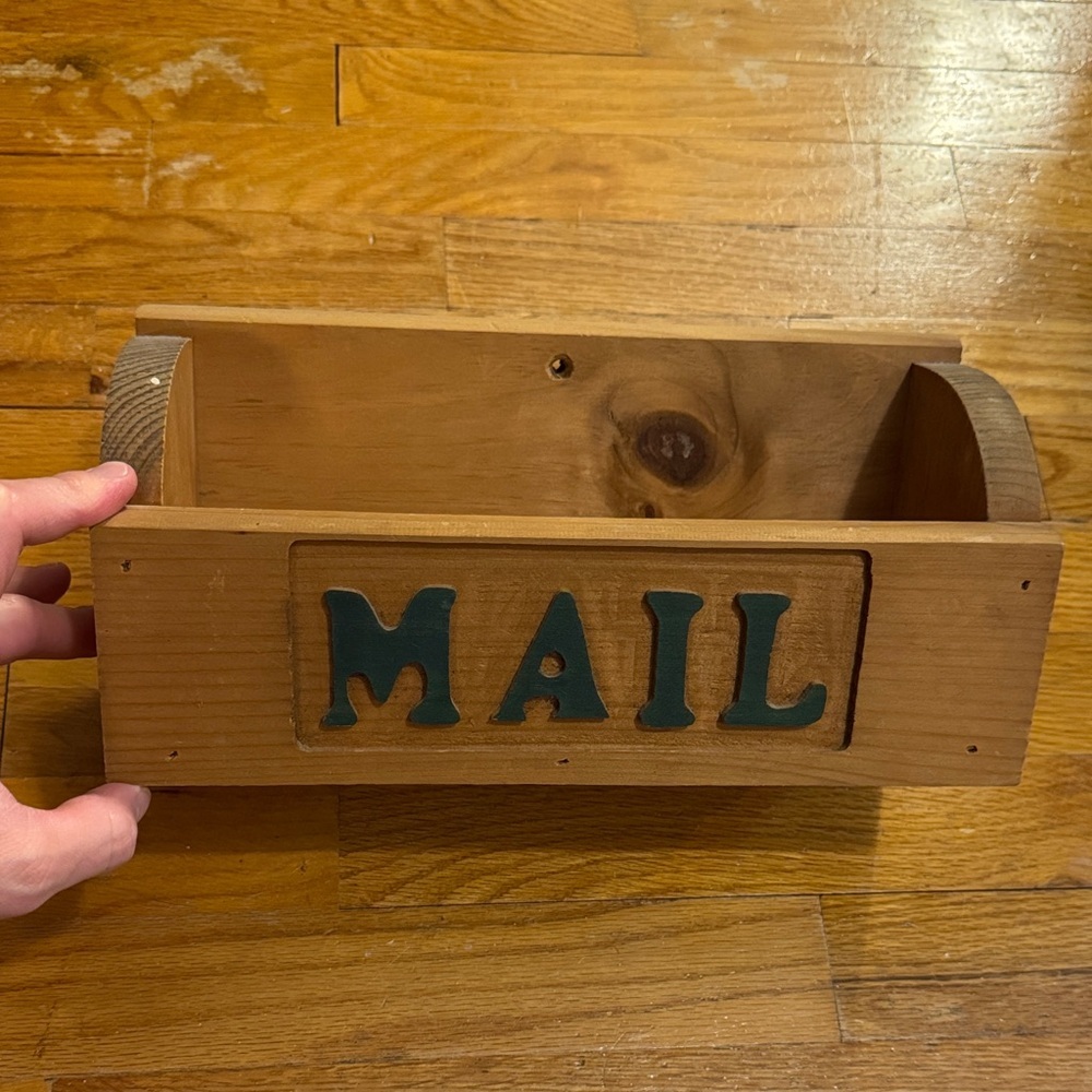 Vintage 1980’s Wooden Mail Holder with Green Lettering Tabletop or Hanging